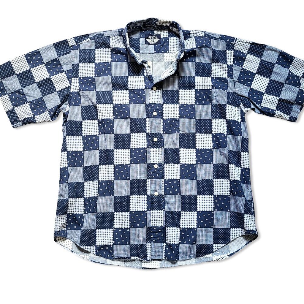 Dockers Mens Large Short Sleeve Blue Patchwork Button Up Shirt Classic Checkered